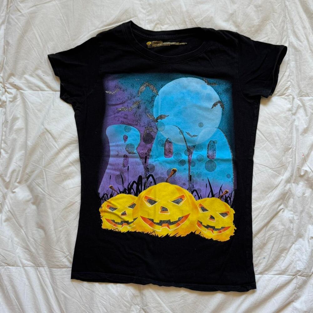 Y2k black halloween pumpkin graphic tee sz sm cotton‎ witchy autumn short sleeve